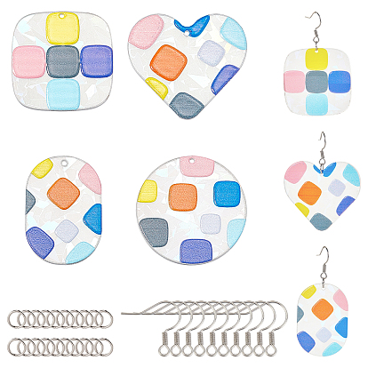 24Pcs Transparent Clear Acrylic Pendants, 3D Printed, with Film on the Back, Oval & Heart & Flat Round & Square with Square Pattern