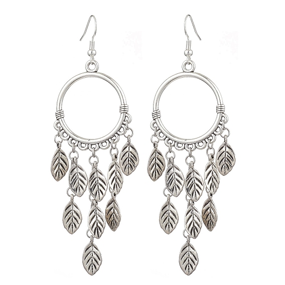 Alloy Ring Chandelier Earrings, Brass Leaf Tassel Earrings
