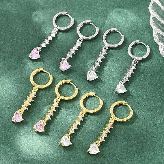 Boucles d'oreilles créoles pendantes en laiton serties de micro-pavés de zirconiums cubiques, cœur, sans plomb et sans cadmium, crémaillère plaquage, plaqué longue durée