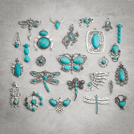 Синтетические бирюзовые подвески, с фурнитурой сплавочной тибетского стиля