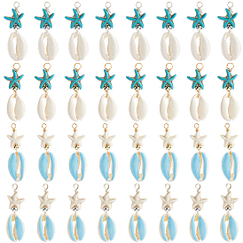 40 шт. 4 Цветные подвески в виде ракушек каури и окрашенной синтетической бирюзы в виде морских звезд, подвески в форме ракушки с латунными бусинами