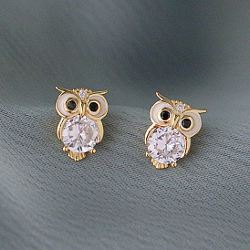 Glass Owl Stud Earrings, Brass Jewelry for Women