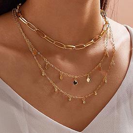 Minimalist Triple Layer Necklace with Circle Pendant, Teardrop Bead and Tassel Charm