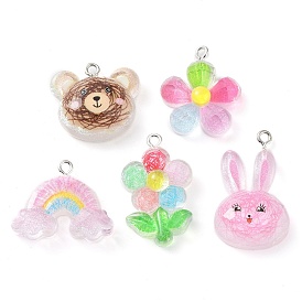 Translucent Resin Pendants, Glitter Charms with Platinum Tone Iron Loops