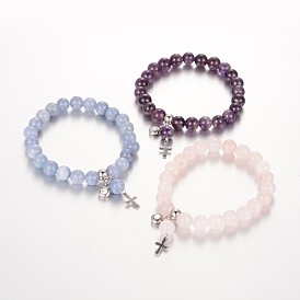 Драгоценный камень бисером растянуть шарм браслеты, с горный хрусталь и 304 выводов из нержавеющей стали, 57 мм