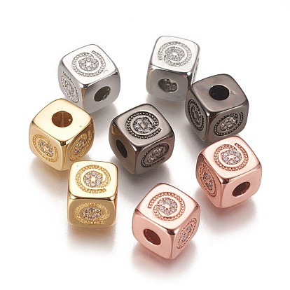 Brass Micro Pave Cubic Zirconia Beads, Long-Lasting Plated, Cube with Symbol, Clear