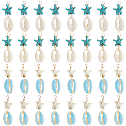 40 шт. 4 Цветные подвески в виде ракушек каури и окрашенной синтетической бирюзы в виде морских звезд, подвески в форме ракушки с латунными бусинами