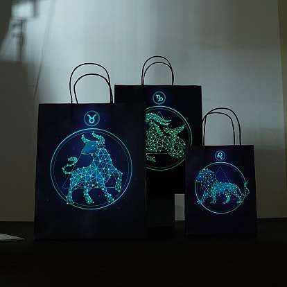 Luminous 12 Zodiac Signs Kraft Paper Bags, with Handles, Gift Bags, Black