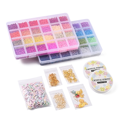 DIY Letter & Seed Beaded Bracelet Keychain Making Kit, Including Glass Seed & Acrylic Heart Beads, Diamond & Flower & Strawberry Alloy Pendants & Clasps