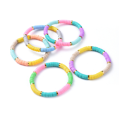 Bracelets élastiques faits à la main de perles heishi en pâte polymère, avec les accessoires en laiton