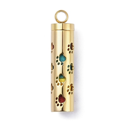 Ion Plating(IP) Openable 304 Stainless Steel Perfume Bottle Pendants, with Perfume Pad, Column with Paw Print Charm