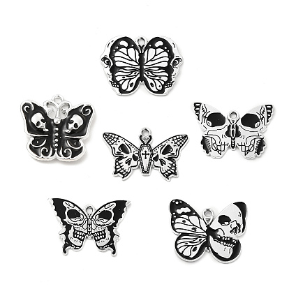 Halloween Alloy Enamel Pendants, Butterfly with Skull Charm, Platinum