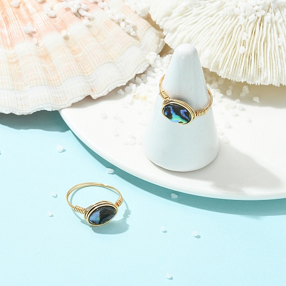 Овальные кольца на палец из раковин морского ушка/пауа, кольца, обмотанные медной проволокой