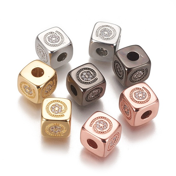 Brass Micro Pave Cubic Zirconia Beads, Long-Lasting Plated, Cube with Symbol, Clear
