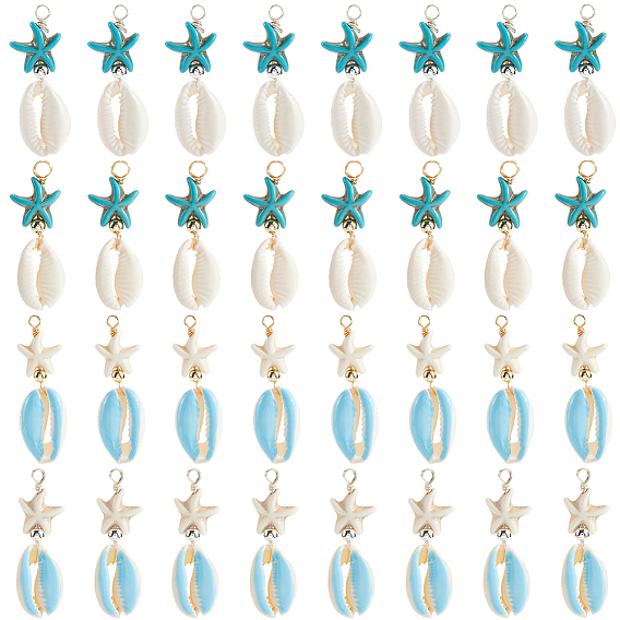 40 шт. 4 Цветные подвески в виде ракушек каури и окрашенной синтетической бирюзы в виде морских звезд, подвески в форме ракушки с латунными бусинами