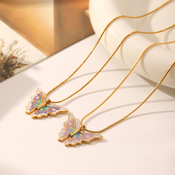 304 из нержавеющей стали кулон ожерелья эмали, бабочка, золотые