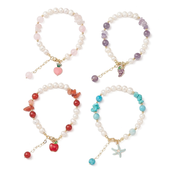 4Pcs 4 Style Grape & Apple & Peach & Starfish Alloy Enamel Charm Bracelets Set, Natural & Synthetic Mixed Stone Chips & Natural Shell Beaded Stackable Bracelets