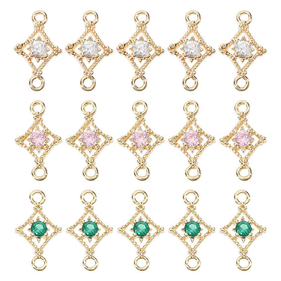 15Pcs 3 Colors Brass Pave Cubic Zirconia Connector Charms, Rhombus Links, Real 14K Gold Plated