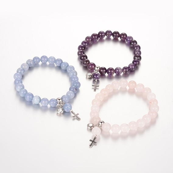 Драгоценный камень бисером растянуть шарм браслеты, с горный хрусталь и 304 выводов из нержавеющей стали, 57 мм