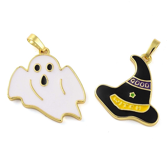 Подвески из латуни и эмали на тему Хэллоуина, без кадмия и без свинца, долговечный, реальный 18 k позолоченный, призрак/ведьмина шляпа/луна с летучей мышью