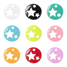 9Pcs 9 Colors Spray Painted Brass Charms, Flat Round with Star