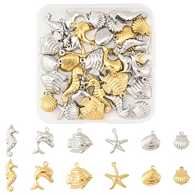 36 шт. 12 стили океан 304 подвески из нержавеющей стали, форма моллюска и ракушки, дельфин и морской конёк