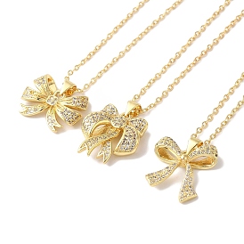 Brass Micro Pave Clear Cubic Zirconia Cable Chain Bowknot Pendant Necklaces for Women