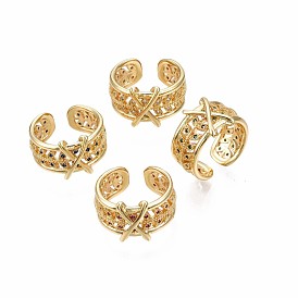Anneau de manchette initiale x en laiton plaqué or véritable 18k, Bague ouverte à large bande en zircone cubique feuille creuse pour femme