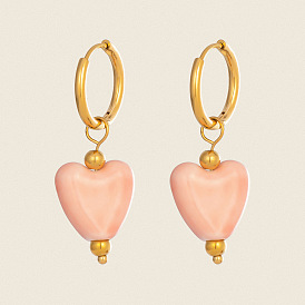 304 Stainless Steel with Handmade Procelain Hoop Dangle Earrings for Women, Heart