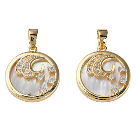Brass Micro Pave Cubic Zirconia Pendants, with Natural Shell, Real 18K Gold Plated, Nickel Free, Flat Round