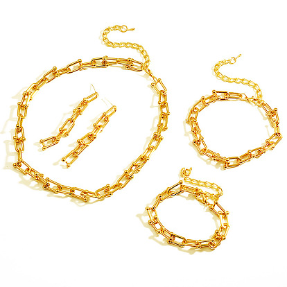 Minimalist U-shaped horseshoe buckle jewelry set with chain earrings.