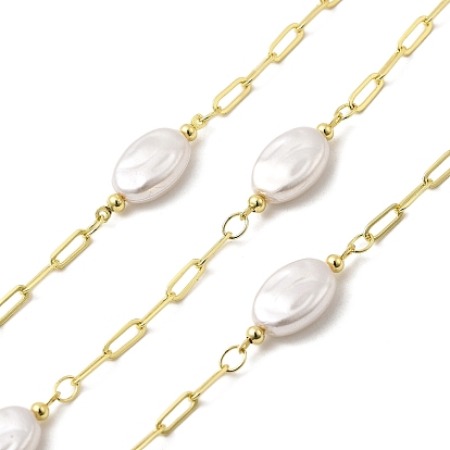 Латунные плоские круглозвенные цепи, с имитацией жемчуга, пайки, с катушкой