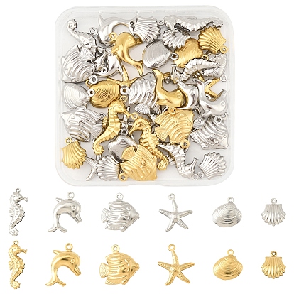 36 шт. 12 стили океан 304 подвески из нержавеющей стали, форма моллюска и ракушки, дельфин и морской конёк