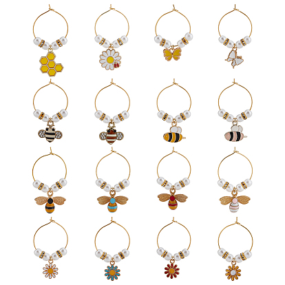 16 шт 16 стиль пчелы и цветочная тематика сплав эмалированные винные бокалы подвески, бокал маркер, с кольцами из латунного бокала