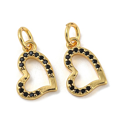 Rack Plating Brass Micro Pave Black Cubic Zirconia Pendants, with Jump Ring, Cadmium Free & Lead Free, Long-Lasting Plated, Heart