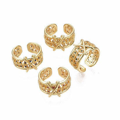 Anneau de manchette initiale x en laiton plaqué or véritable 18k, Bague ouverte à large bande en zircone cubique feuille creuse pour femme