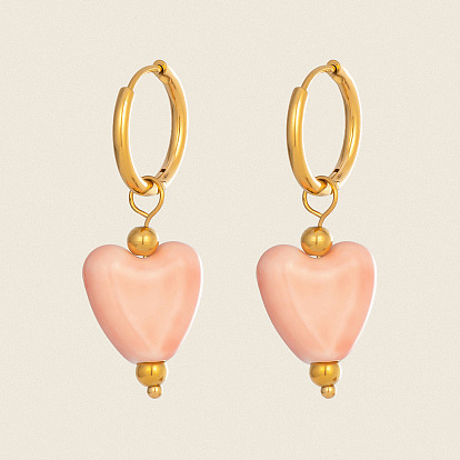 304 Stainless Steel with Handmade Procelain Hoop Dangle Earrings for Women, Heart