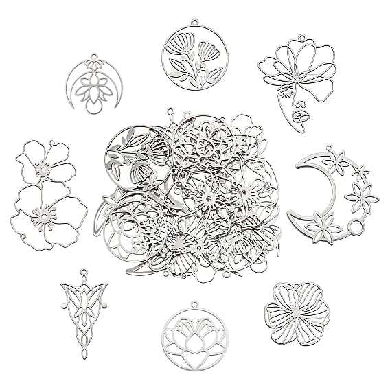 16Pcs 8 Styles 201 Stainless Steel Pendants, Laser Cut, Mixed Shapes