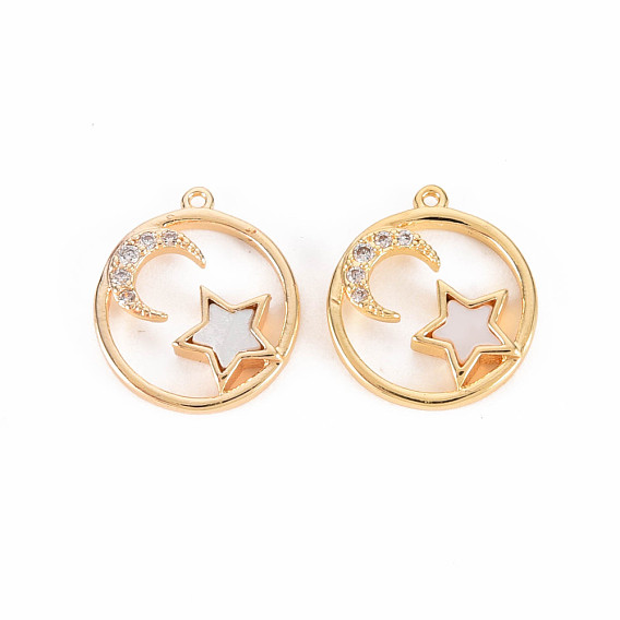 Brass Micro Pave Clear Cubic Zirconia Charms, with Freshwater Shell, Nickel Free, Flat Round with Star and Moon