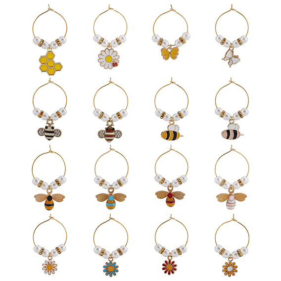 16 шт 16 стиль пчелы и цветочная тематика сплав эмалированные винные бокалы подвески, бокал маркер, с кольцами из латунного бокала