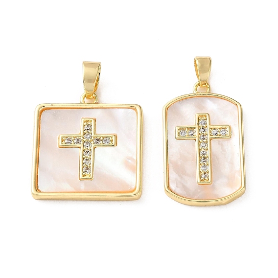 Brass Pendants, with White Shell, Cross Charms, Cadmium Free & Lead Free, Rack Plating, Long-Lasting Plated