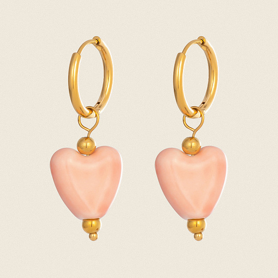 304 Stainless Steel with Handmade Procelain Hoop Dangle Earrings for Women, Heart