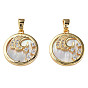 Brass Micro Pave Cubic Zirconia Pendants, with Natural Shell, Real 18K Gold Plated, Nickel Free, Flat Round