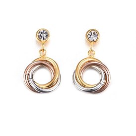 304 inox Pendants d'oreilles stud, avec strass, Anneaux