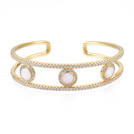 Enamel Flat Round Open Cuff Bangle with Clear Cubic Zirconia, Real 18K Gold Plated Brass Jewelry for Women