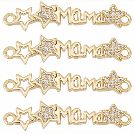 6pcs liens/connecteurs en laiton micro pavé de zircone cubique transparente, mot maman et étoile, pour la fête des mères