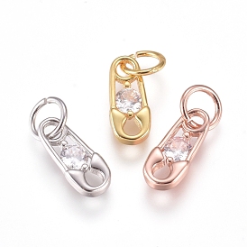 Brass Charms, with Cubic Zirconia and Jump Rings, Safety Pin, Clear