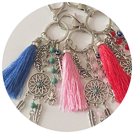 Alloy Feather Keychains, with Tassel