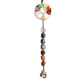 Grandes décorations pendentif thème chakra, tricot à la main avec des perles de pierres précieuses naturelles et un gland de copeaux de pierre, plat et circulaire avec arbre de vie
