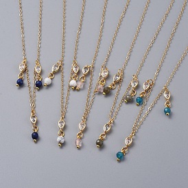 Natural Gemstone Bib Statement Necklaces, with Brass Cable Chains, Brass Cubic Zirconia Links, 304 Stainless Steel Lobster Claw Clasps and Cardboard Packing Box, Golden
